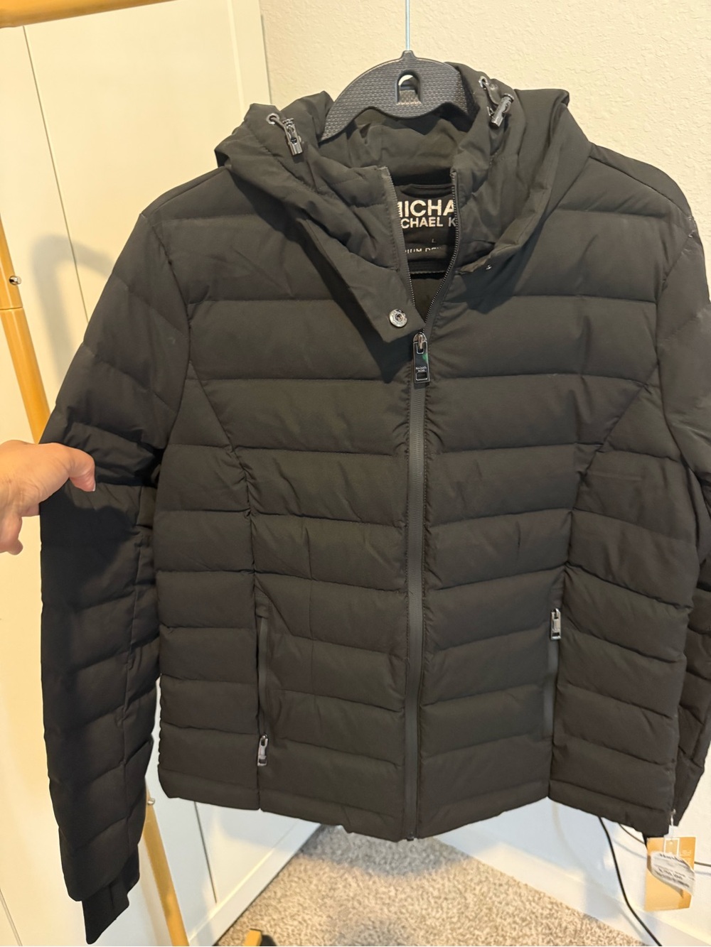 Michael Kors Black Quilted Hooded Puffer Jacket, Premium Down Blend large